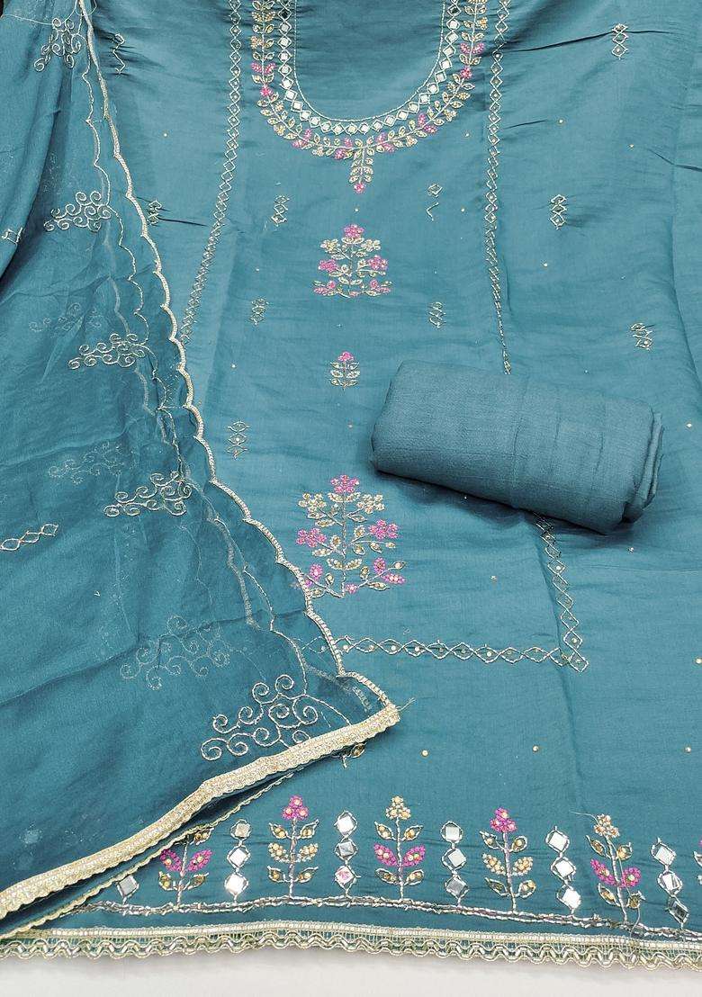 Steel Blue Embroidery Silk Salwar Kameez - Indya