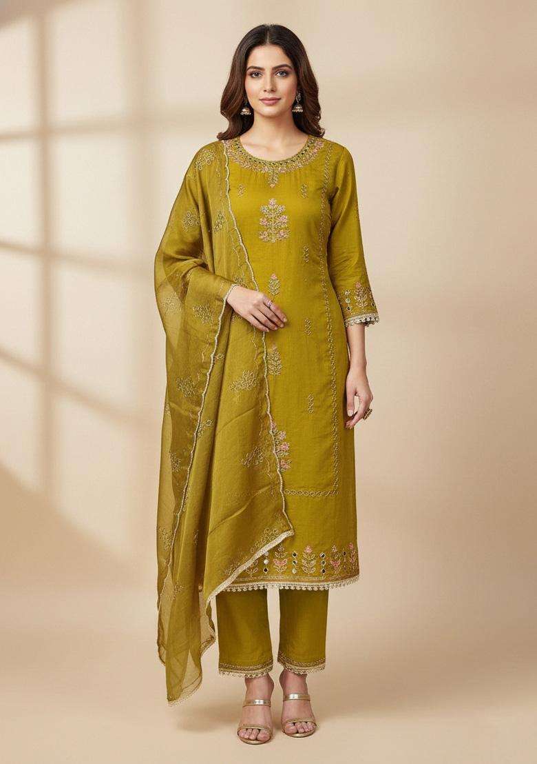 Light Green Embroidery Silk Salwar Kameez - Indya