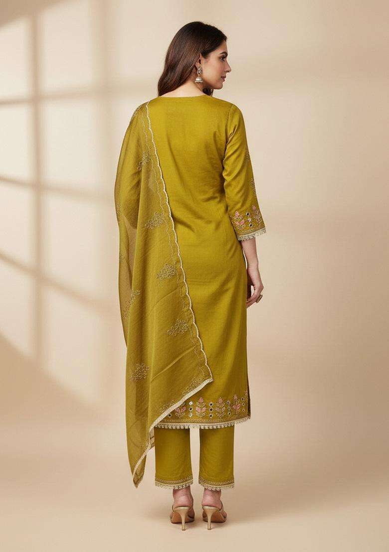 Light Green Embroidery Silk Salwar Kameez - Indya