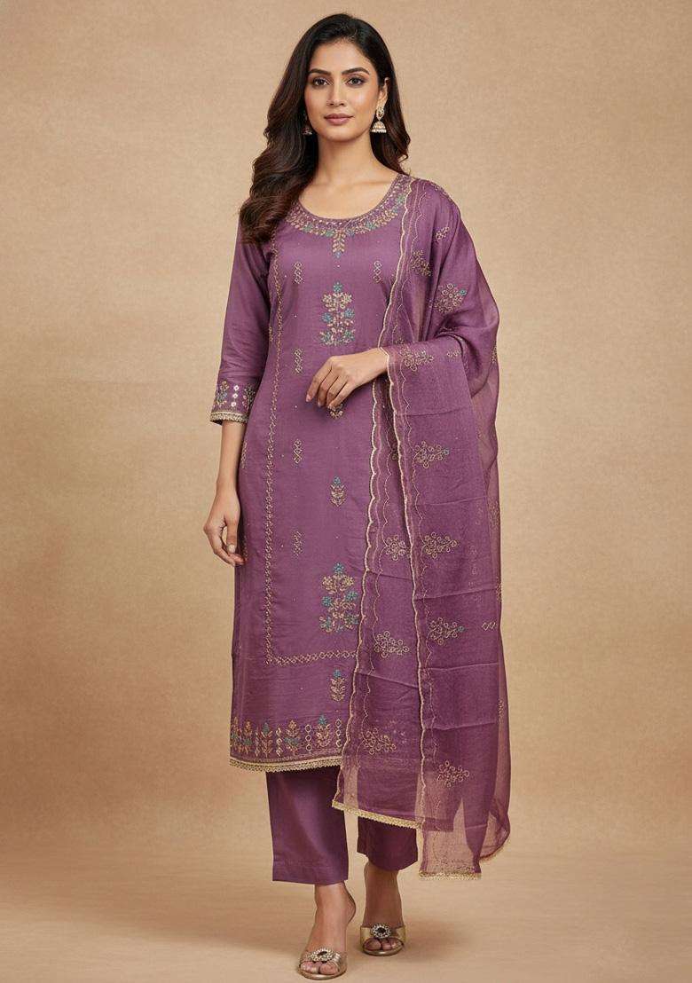 Lavender Embroidery Silk Salwar Kameez - Indya