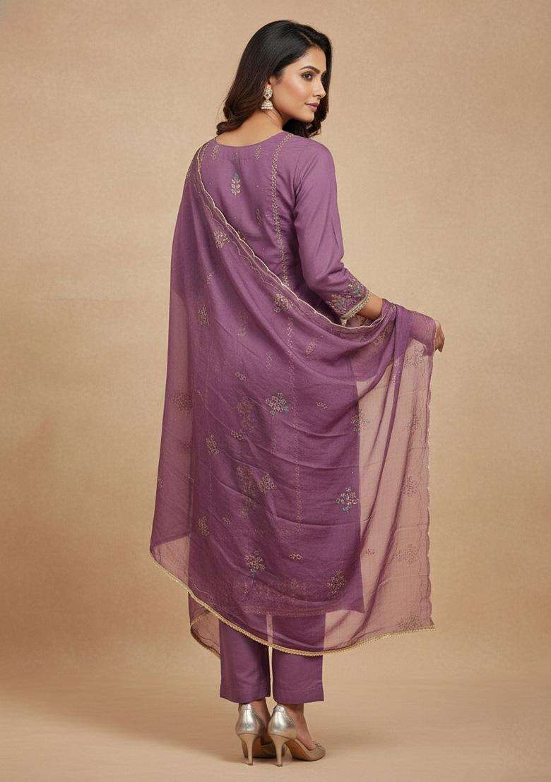 Lavender Embroidery Silk Salwar Kameez - Indya