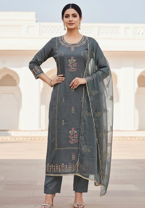 Grey Embroidery Silk Salwar Kameez