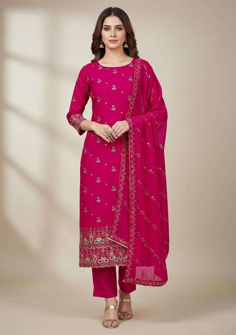 Pink Embroidery Silk Salwar Kameez - Indya