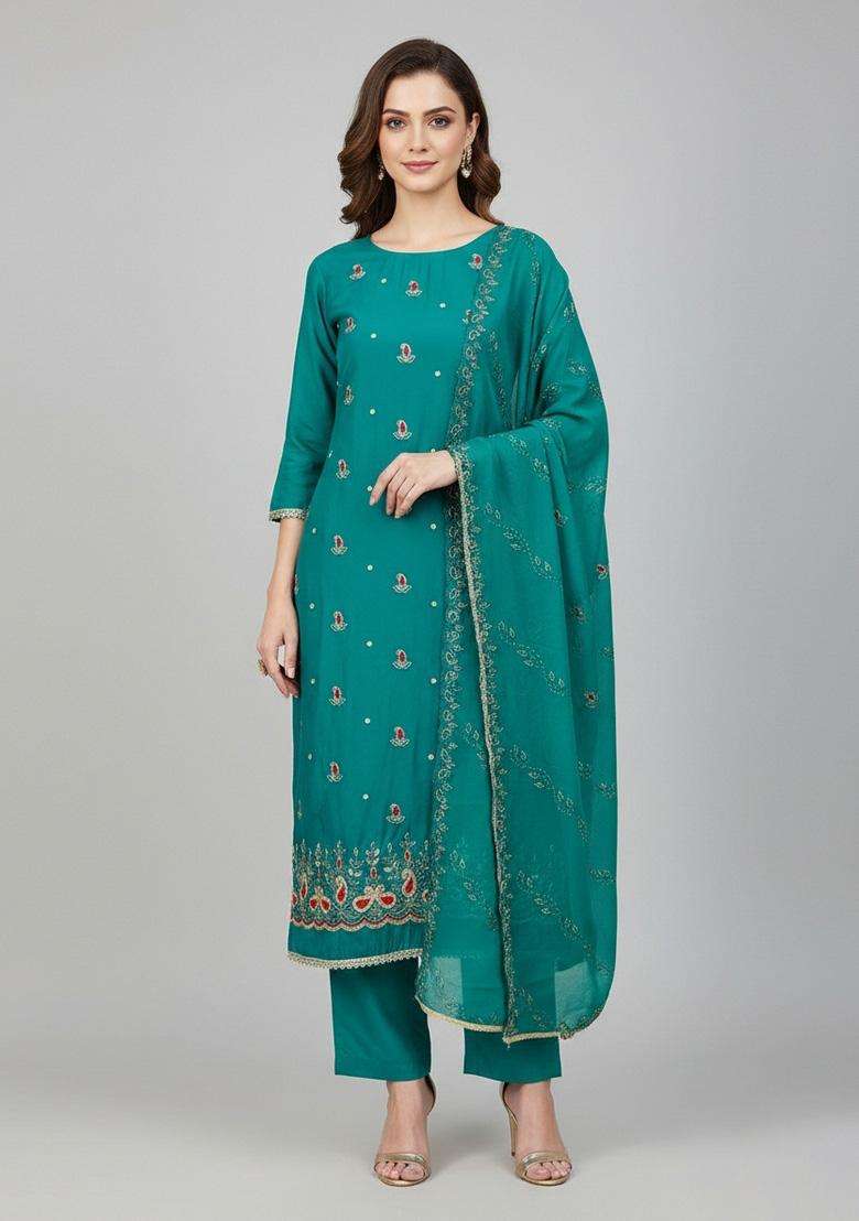 Sky Blue Embroidery Silk Salwar Kameez - Indya