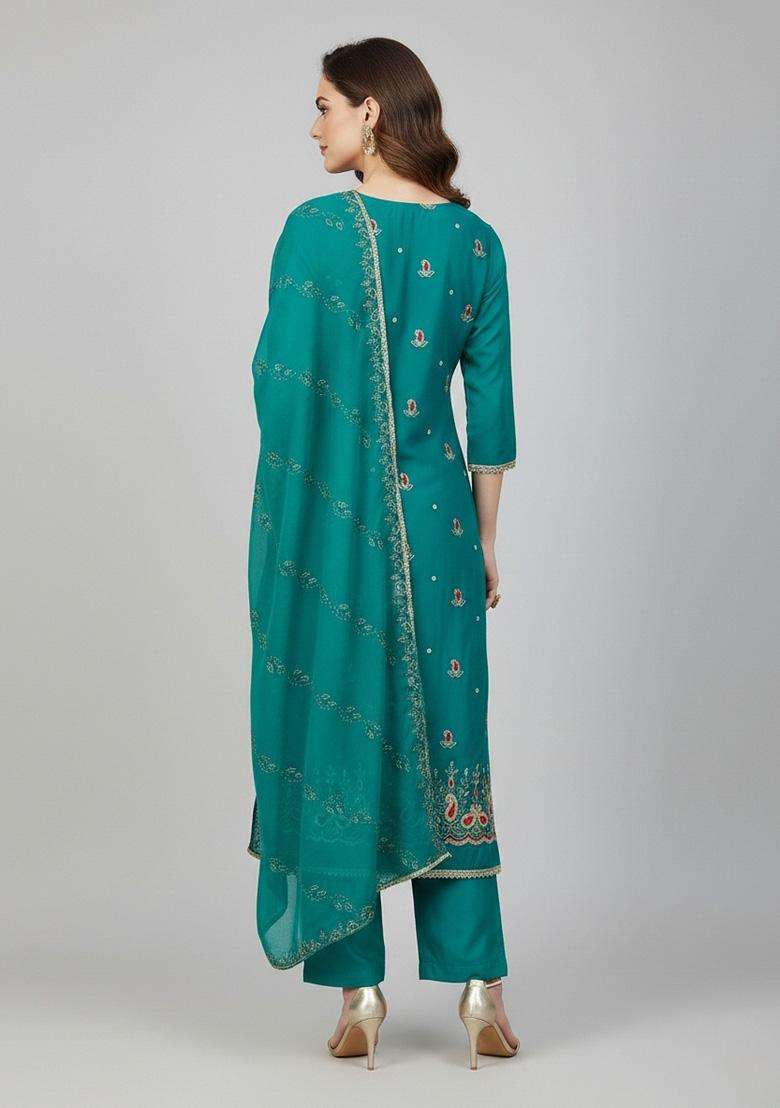 Sky Blue Embroidery Silk Salwar Kameez - Indya