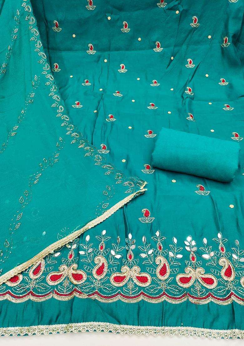 Sky Blue Embroidery Silk Salwar Kameez - Indya