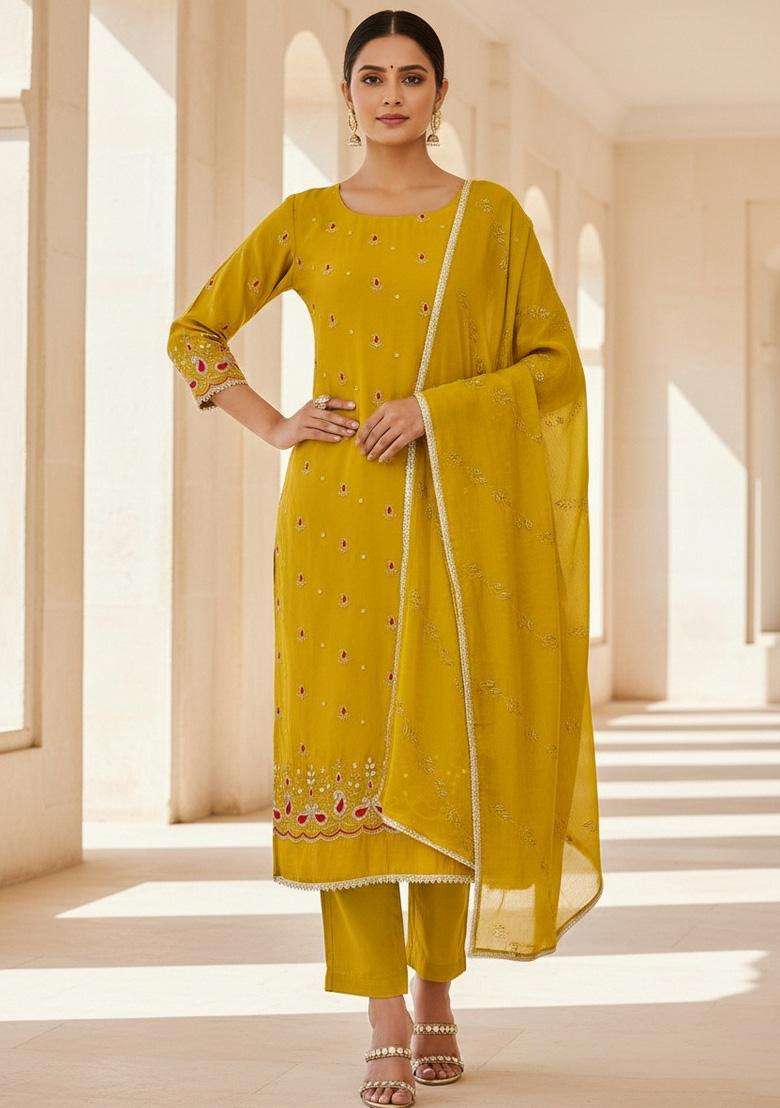 Light Green Embroidery Silk Salwar Kameez - Indya