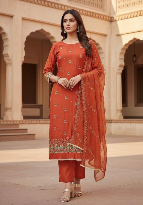 Rust Embroidery Silk Salwar Kameez
