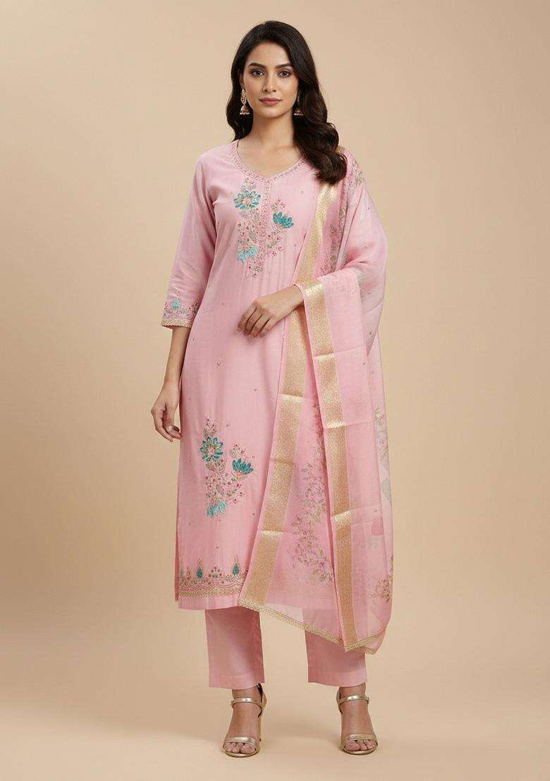 Pink Embroidery Silk Salwar Kameez - Indya