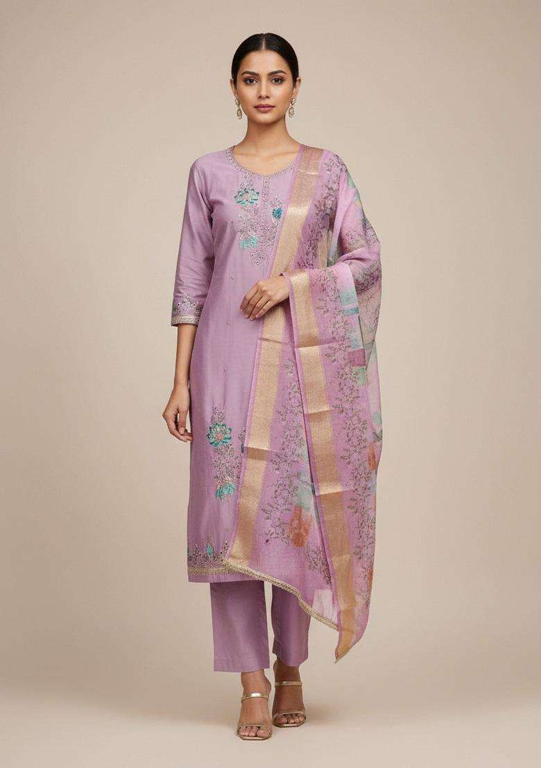 Lavender Embroidery Silk Salwar Kameez - Indya