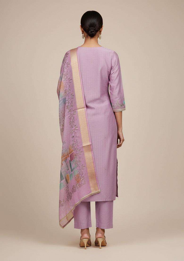 Lavender Embroidery Silk Salwar Kameez - Indya