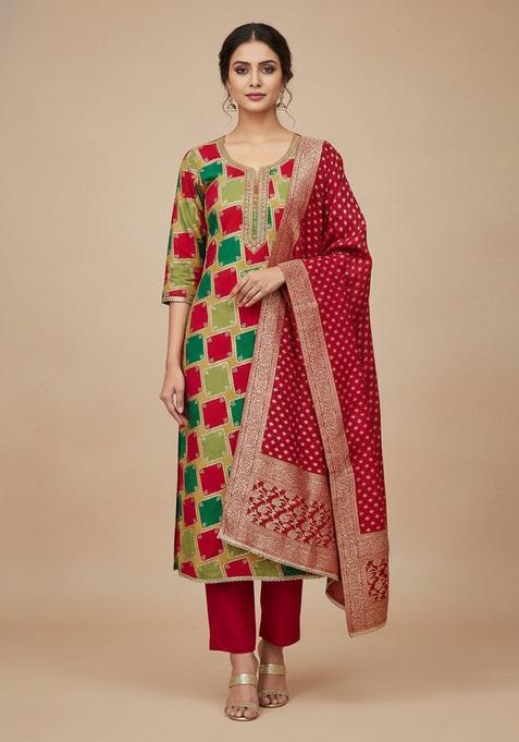 Multicolor Embroidery Silk Salwar Kameez