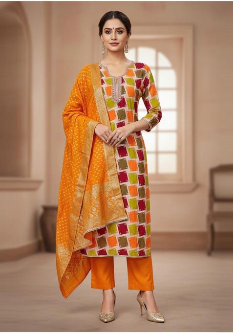 Multicolor Embroidery Silk Salwar Kameez