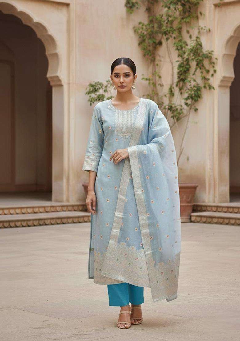 Beige Embroidery Silk Salwar Kameez - Indya