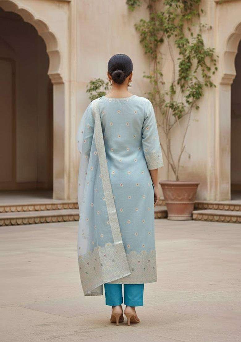 Beige Embroidery Silk Salwar Kameez - Indya