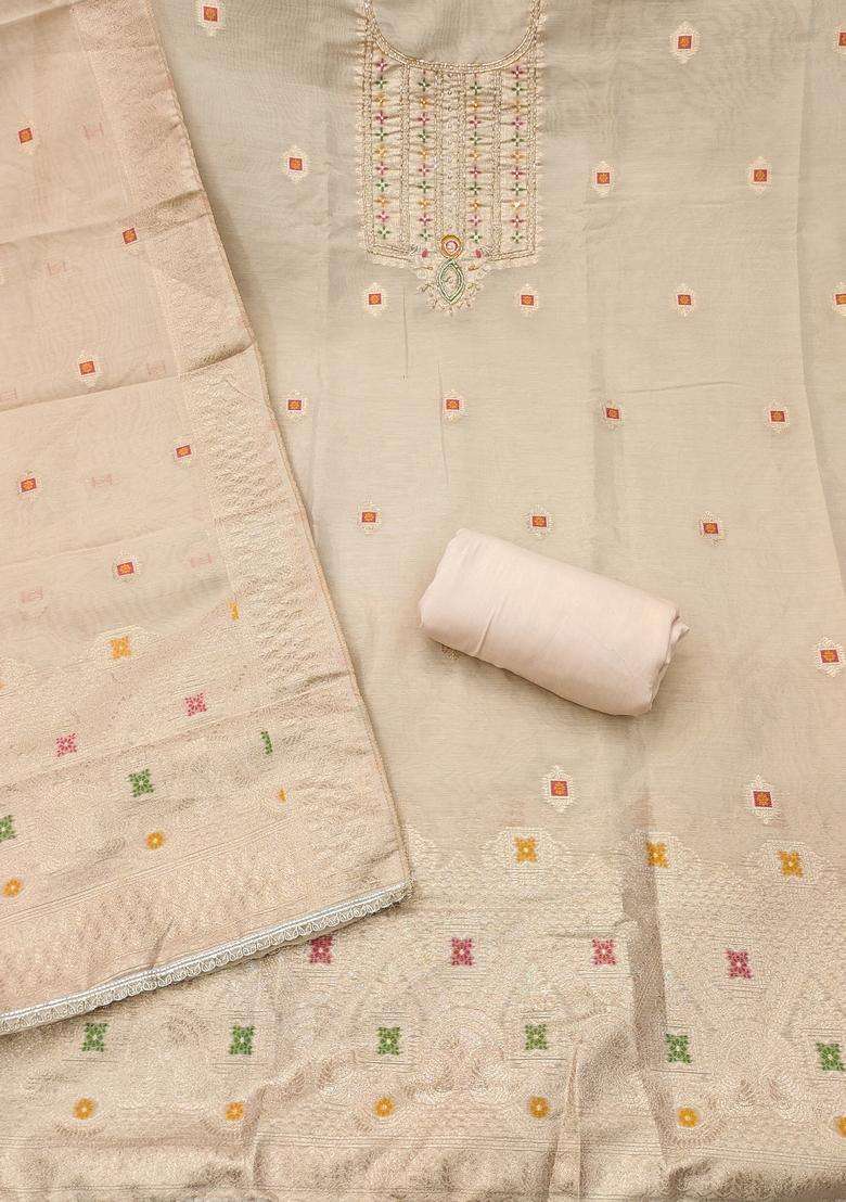 Beige Embroidery Silk Salwar Kameez - Indya