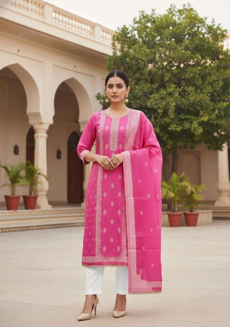 Pink Embroidery Silk Salwar Kameez - Indya