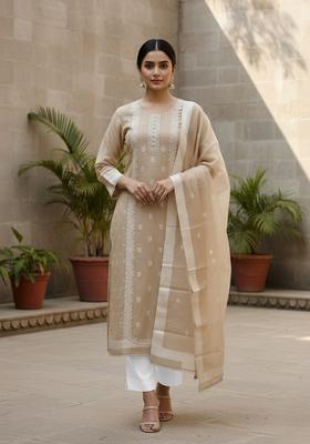 Beige Embroidery Silk Salwar Kameez