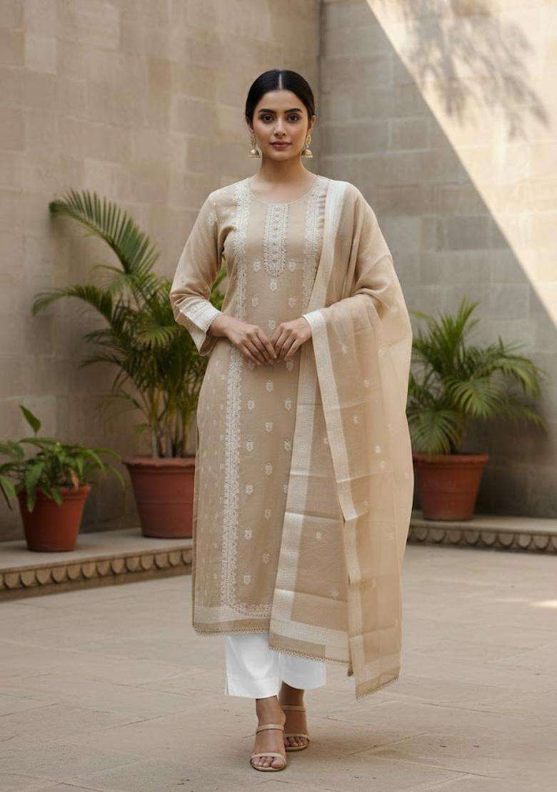 Beige Embroidery Silk Salwar Kameez - Indya