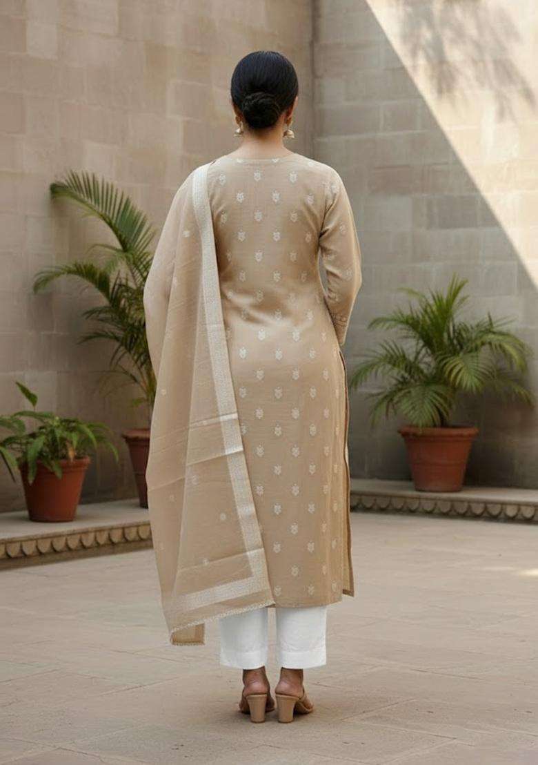 Beige Embroidery Silk Salwar Kameez - Indya
