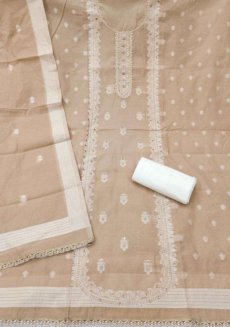 Beige Embroidery Silk Salwar Kameez - Indya