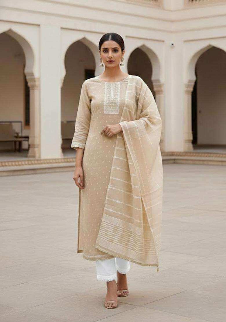 Beige Embroidery Silk Salwar Kameez - Indya