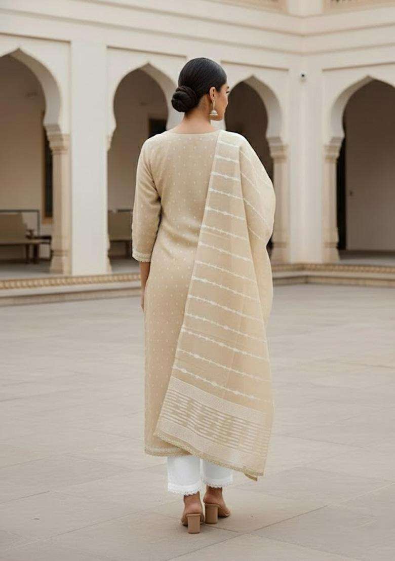 Beige Embroidery Silk Salwar Kameez - Indya