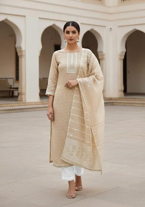 Beige Embroidery Silk Salwar Kameez