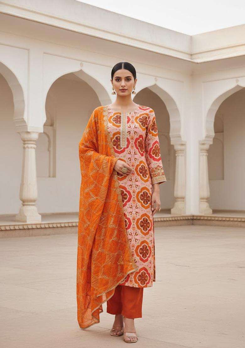 Multicolor Embroidery Silk Salwar Kameez - Indya