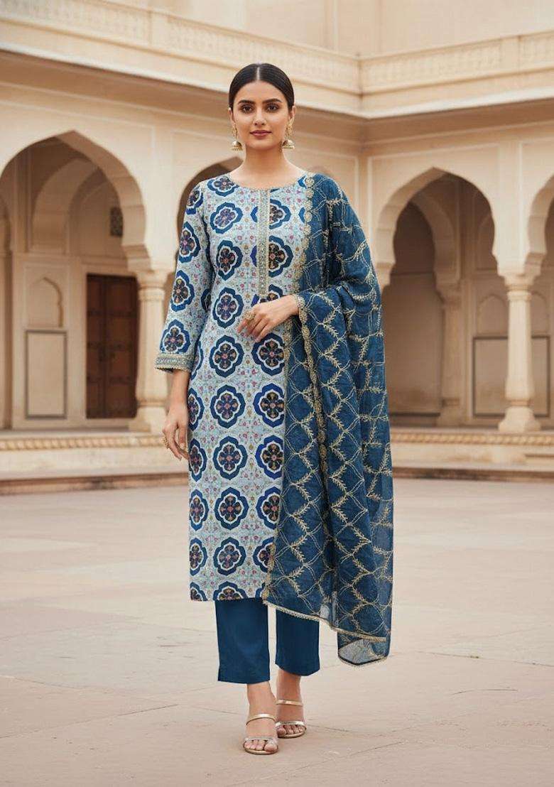 Multicolor Embroidery Silk Salwar Kameez - Indya