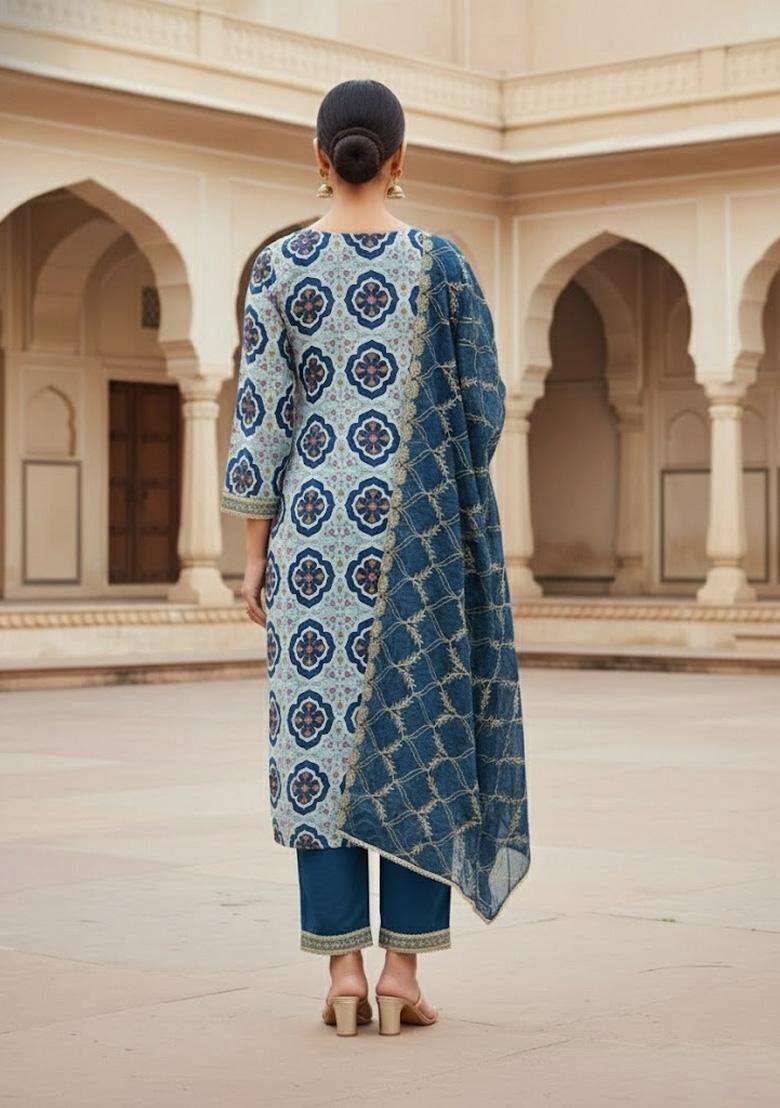 Multicolor Embroidery Silk Salwar Kameez - Indya