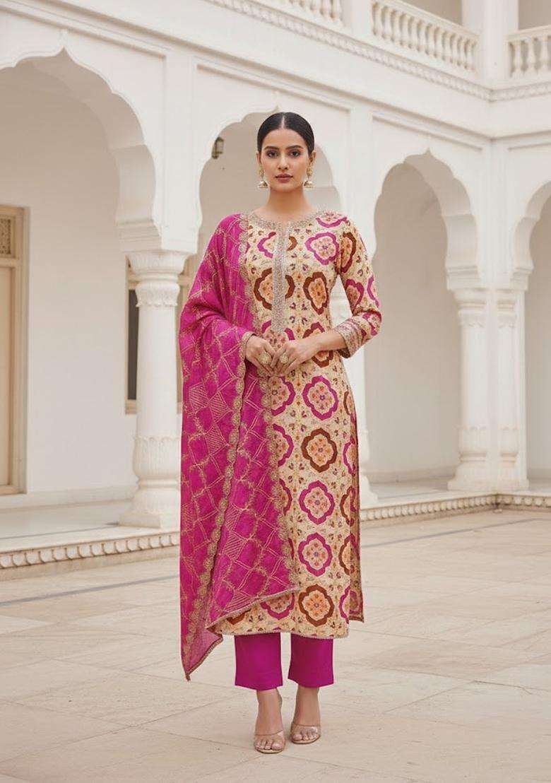 Multicolor Embroidery Silk Salwar Kameez - Indya
