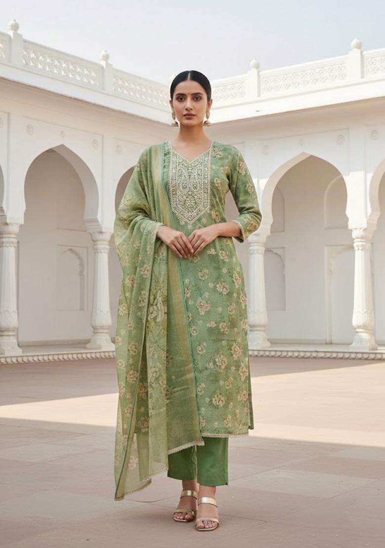 Light Green Embroidery Viscose Salwar Kameez - Indya