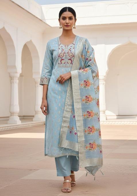 Powder Blue Embroidery Silk Salwar Kameez