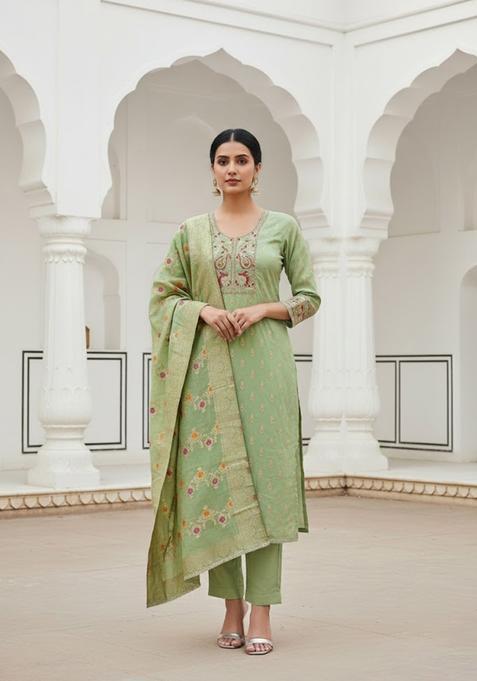 Olive Green Embroidery Silk Salwar Kameez