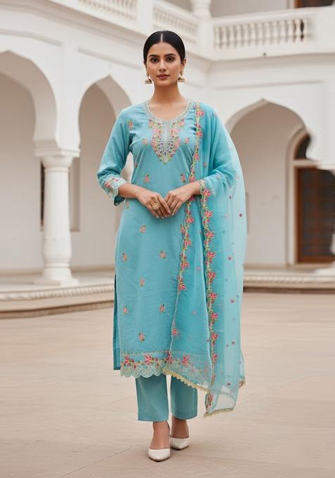 Powder Blue Embroidery Silk Salwar Kameez