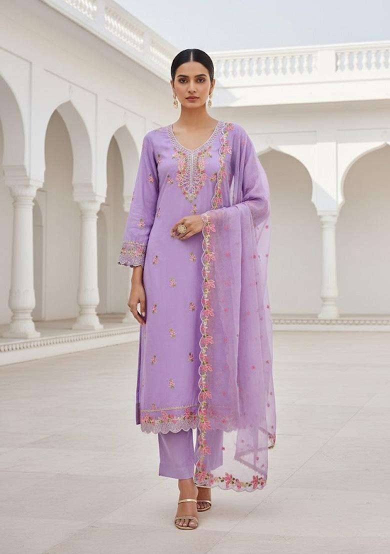 Lavender Embroidery Silk Salwar Kameez - Indya