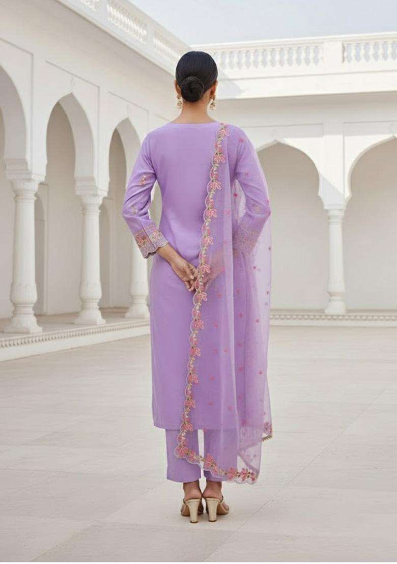 Lavender Embroidery Silk Salwar Kameez - Indya
