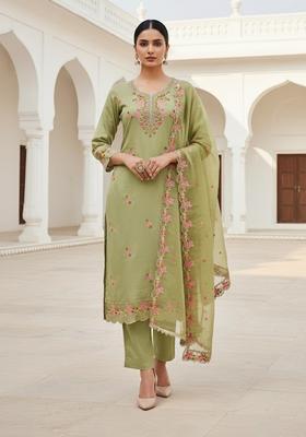 Olive Green Embroidery Silk Salwar Kameez