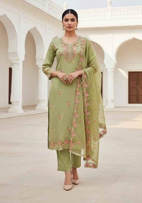 Olive Green Embroidery Silk Salwar Kameez