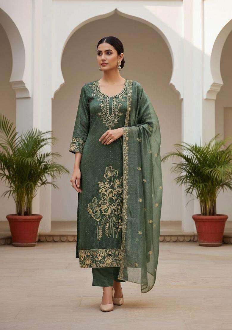 Green Embroidery Organza Salwar Kameez - Indya