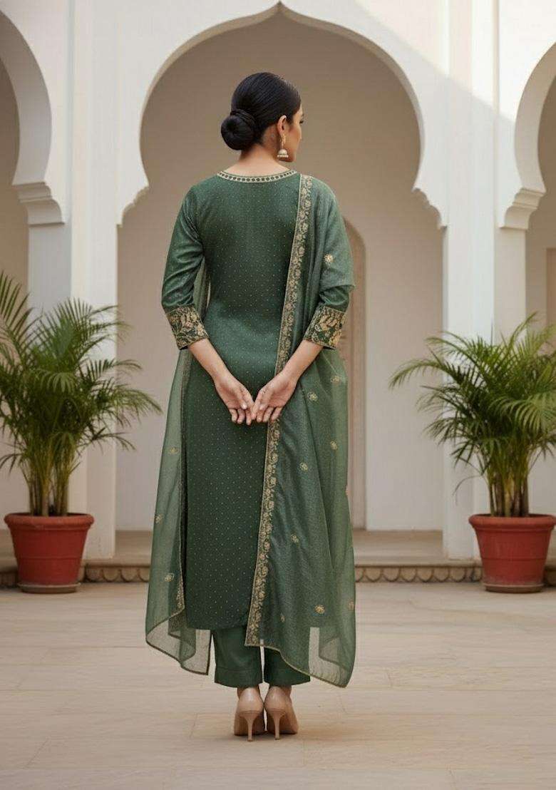 Green Embroidery Organza Salwar Kameez - Indya
