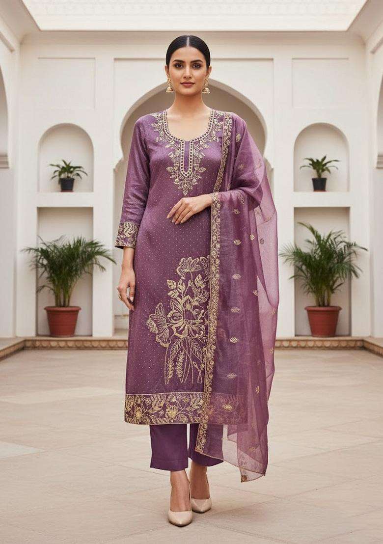 Lavender Embroidery Organza Salwar Kameez - Indya