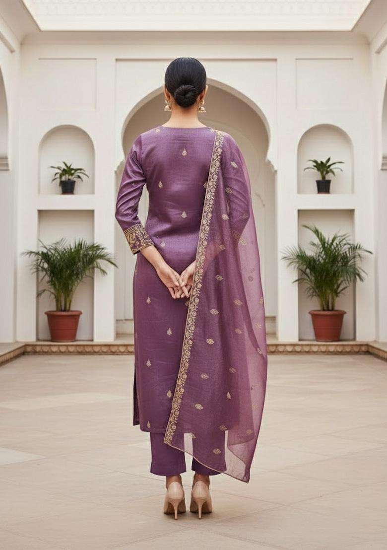 Lavender Embroidery Organza Salwar Kameez - Indya