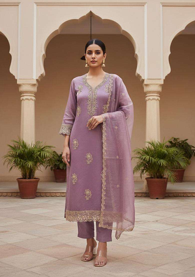 Lavender Embroidery Organza Salwar Kameez - Indya