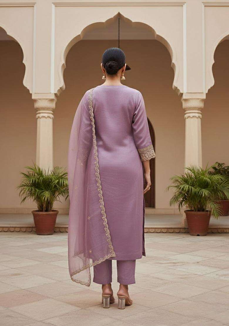 Lavender Embroidery Organza Salwar Kameez - Indya