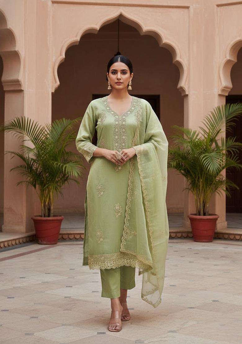 Light Green Embroidery Organza Salwar Kameez - Indya