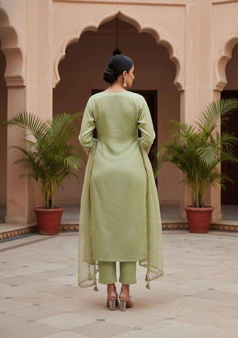 Light Green Embroidery Organza Salwar Kameez - Indya