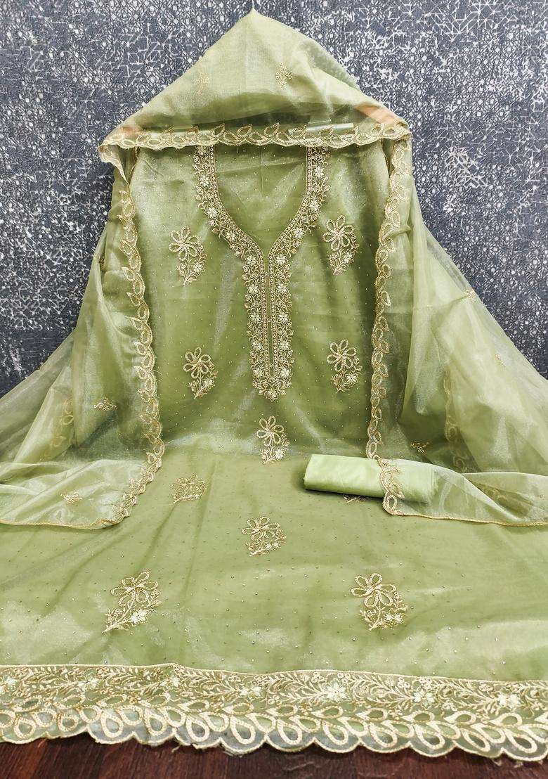 Light Green Embroidery Organza Salwar Kameez - Indya
