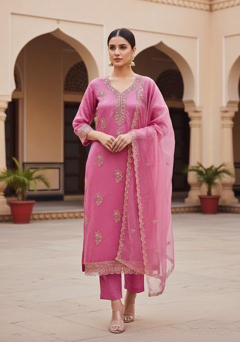 Pink Embroidery Organza Salwar Kameez